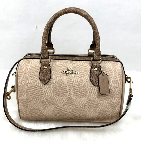 Coach Rowan Satchel Bag Crossbody In Blocked Signature Canvas Gold/Sand/Tan NWT - Picture 1 of 12